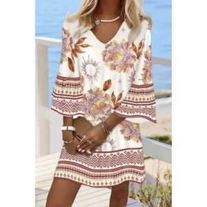TEMU Dress Womens S Floral Western Boho Chick V-neck Bell Sleeve Lightweight NEW